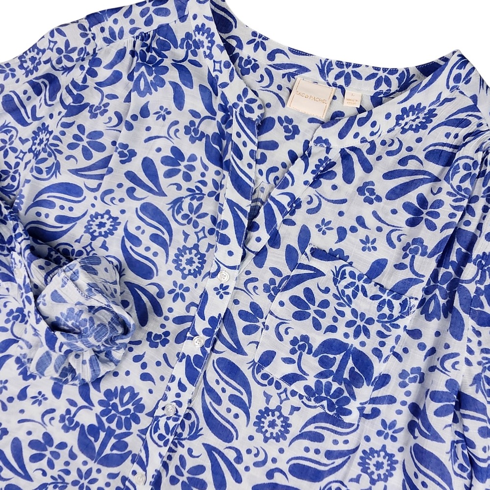 Zac & Rachel Button Up Women L Blue Floral Print Roll Tab Sleeve V-Neck Blouse